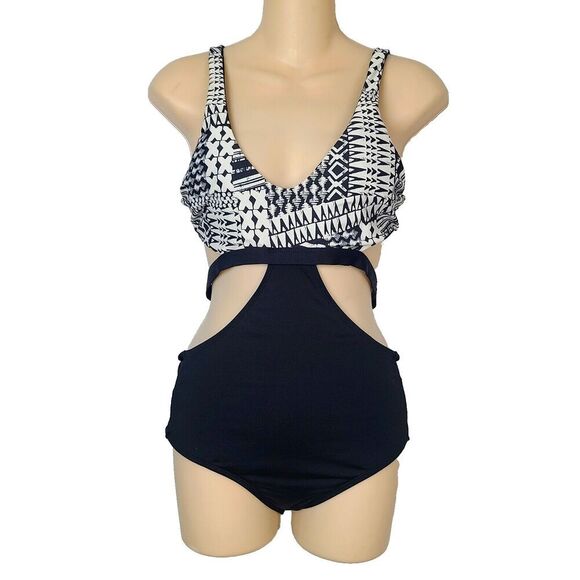 L Space Venice‎ One Piece Swimsuit 8 Black White Cut-Out V-Neck Strappy - Picture 2 of 8